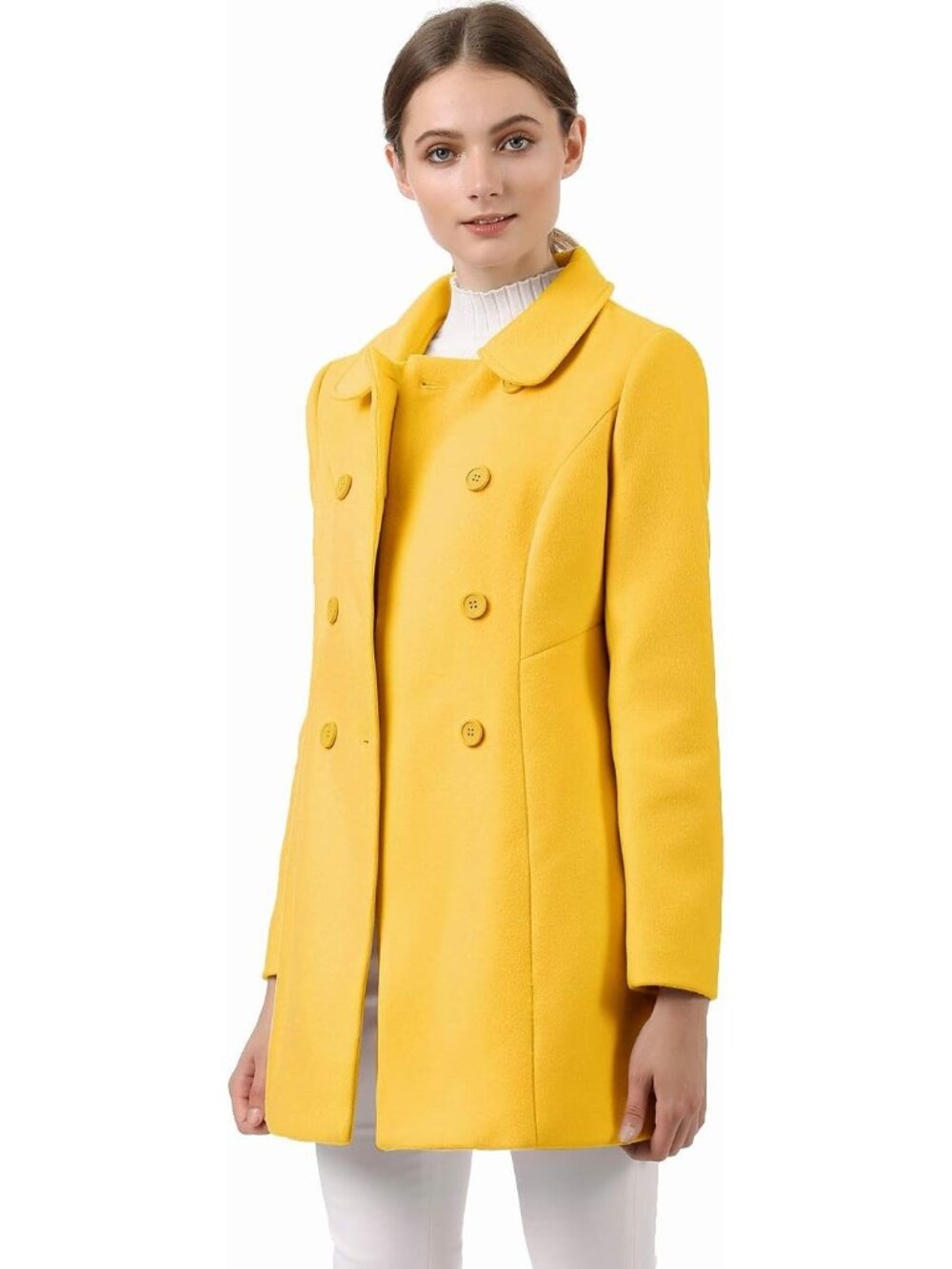Women's Yellow Fully lined Peter Pan Collar Double Breasted Long Trench Pea Coat